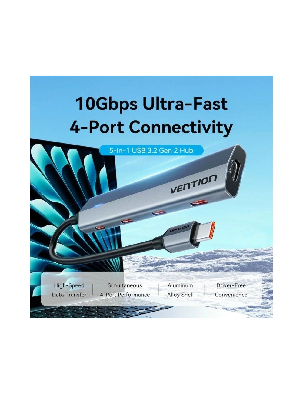 Hub USB Tipo-C 3.2 Vention CKYHB/ 4xUSB Tipo-C/ 1xUSB Tipo-C PD