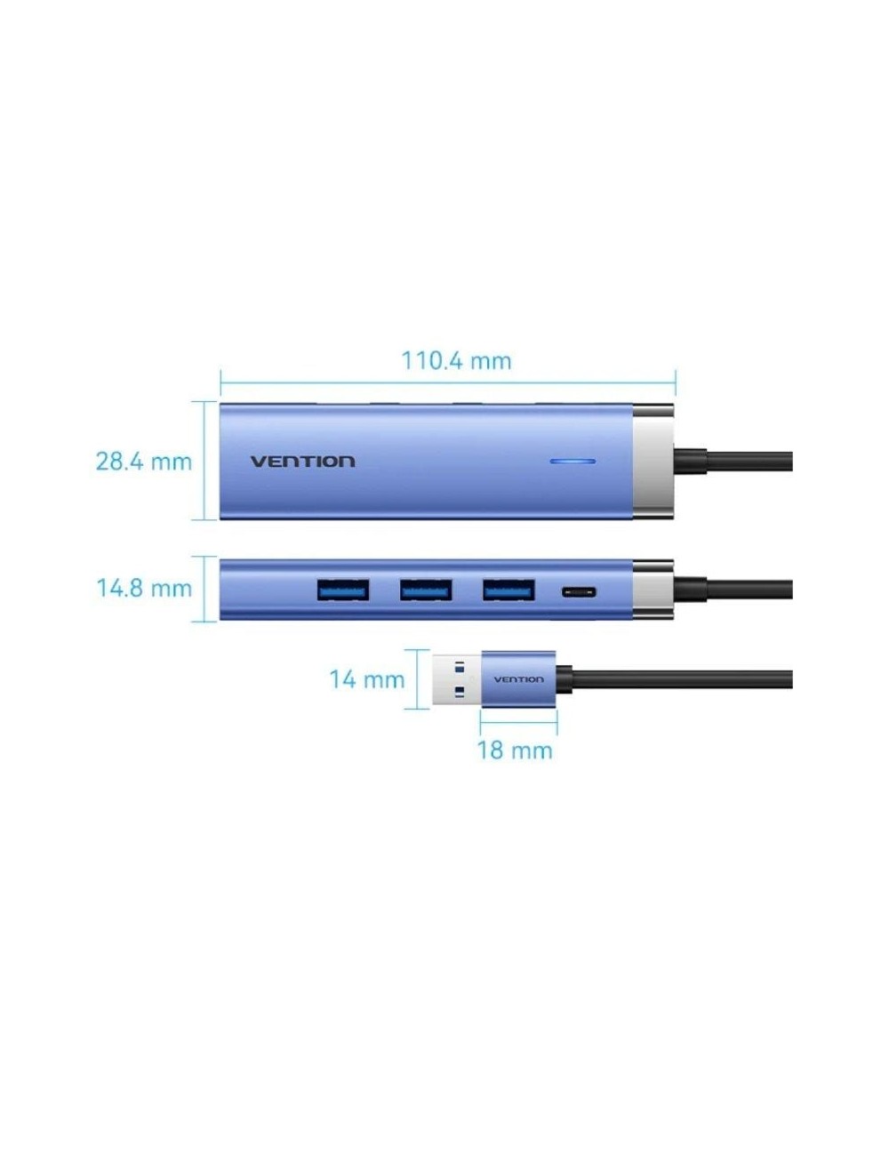 Hub USB 3.0 Vention TGFSB/ 3xUSB/ 1xRJ45/ 1xUSB Tipo-C PD/ Azul