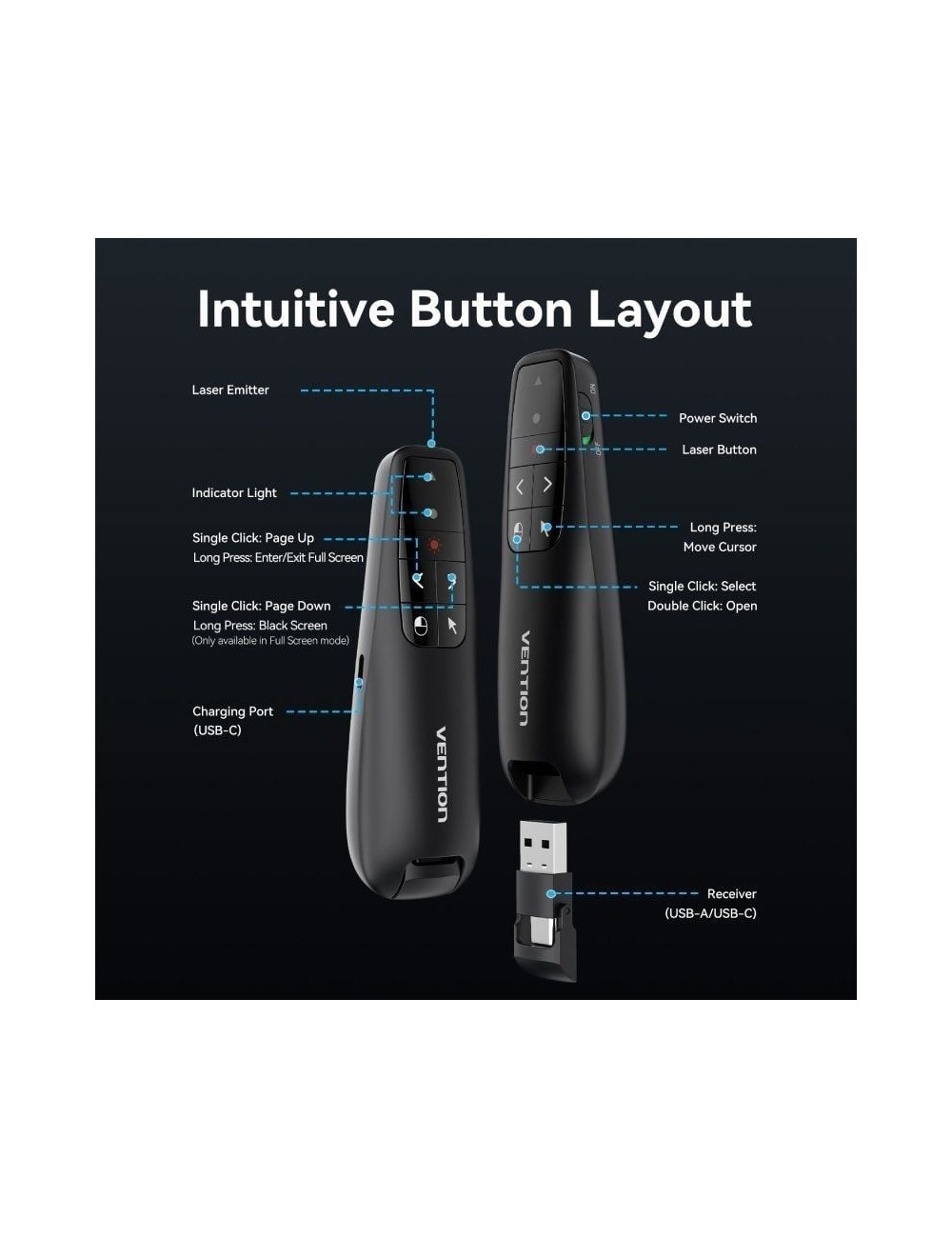 Presentador Inalámbrico Vention KQPB0/ 2.4GHz/ Negro