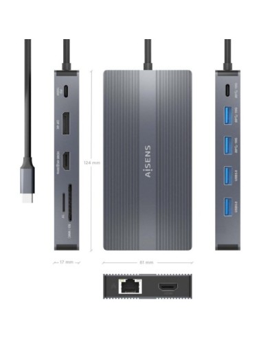 Docking USB Tipo-C Aisens ASUC-12P017-GR/ 2xHDMI 4K/ 4xUSB/ 1xUSB Tipo-C/ 1xRJ45/ 1xDisplayPort/ 1xLector Tarjetas/ 1xUSB Tipo-C