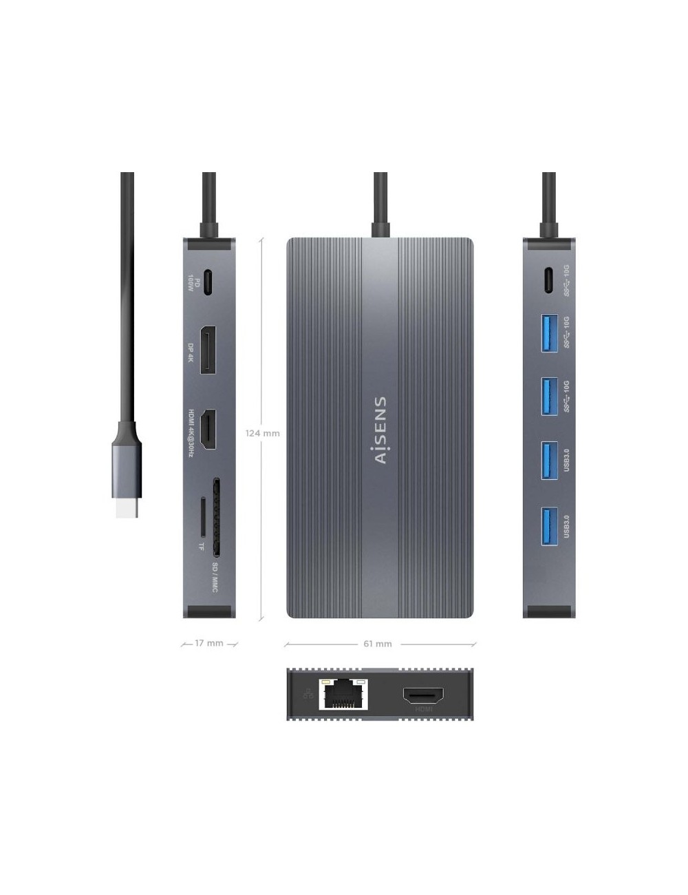 Docking USB Tipo-C Aisens ASUC-12P017-GR/ 2xHDMI 4K/ 4xUSB/ 1xUSB Tipo-C/ 1xRJ45/ 1xDisplayPort/ 1xLector Tarjetas/ 1xUSB Tipo-C