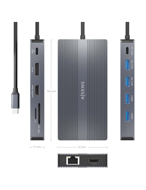 Docking USB Tipo-C Aisens ASUC-12P017-GR/ 2xHDMI 4K/ 4xUSB/ 1xUSB Tipo-C/ 1xRJ45/ 1xDisplayPort/ 1xLector Tarjetas/ 1xUSB Tipo-C