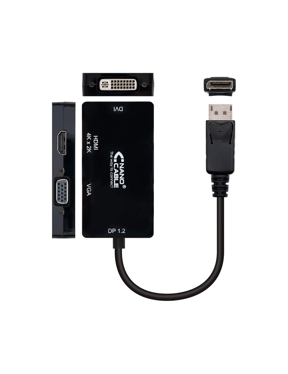 Cable Conversor Nanocable 10.16.3301-BK/ Displayport Macho - VGA Hembra/ DVI Hembra/ HDMI Hembra/ 15cm/ Negro