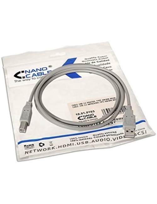 Cable USB 2.0 Impresora Nanocable 10.01.0103/ USB Tipo-B Macho - USB Macho/ 1.8m/ Beige