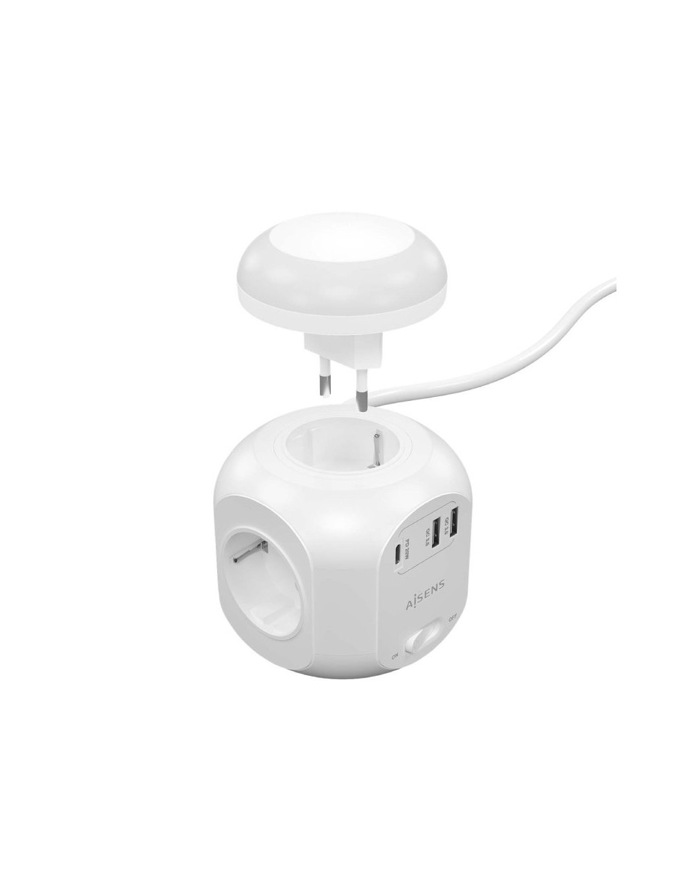 Regleta con Interruptor y Luz Nocturna Aisens ASPS-2A1CLPQ02-W/ 4 Tomas de Corriente/ 1 USB Tipo-C PD/ 2 USB/ Cable 1.8m/ Blanco