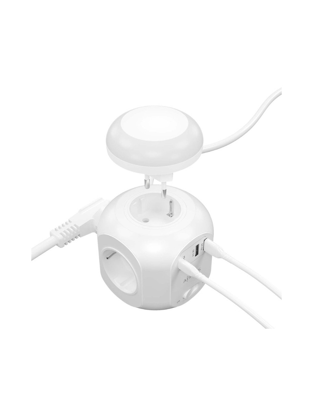 Regleta con Interruptor y Luz Nocturna Aisens ASPS-2A1CLPQ02-W/ 4 Tomas de Corriente/ 1 USB Tipo-C PD/ 2 USB/ Cable 1.8m/ Blanco