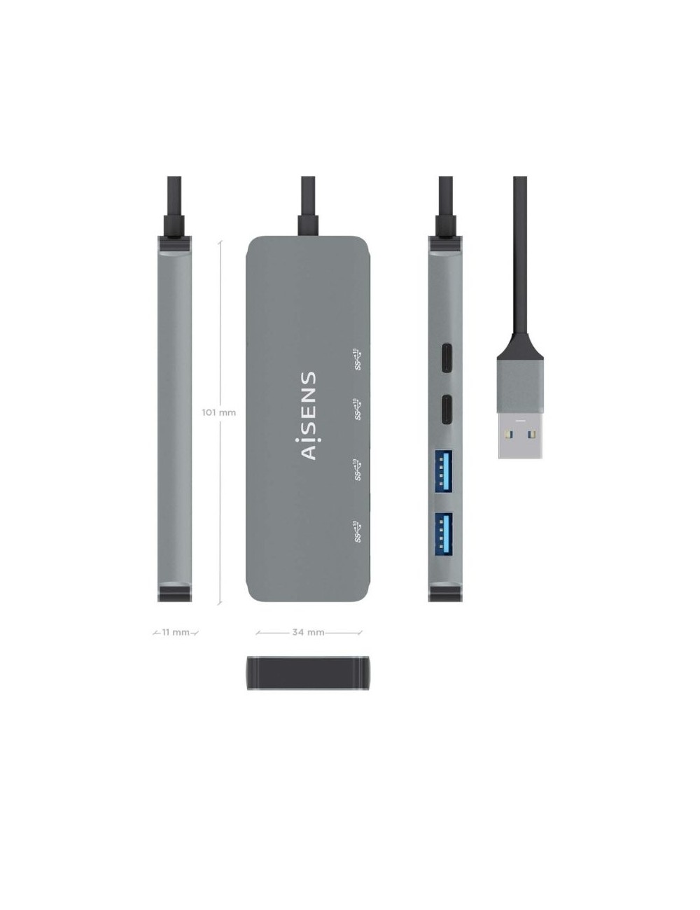 Hub USB 3.2 Aisens A106-0696/ 2xUSB/ 2xUSB Tipo-C/ Gris