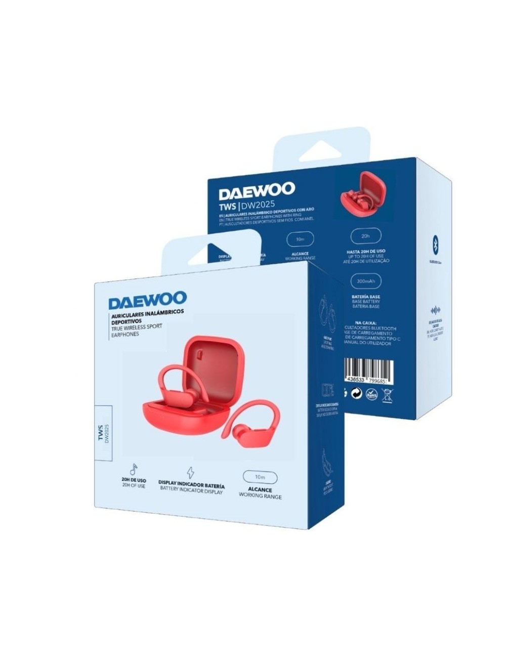 Auriculares Deportivos Bluetooth Daewoo DW2025 con estuche de carga/ Autonomía 5h/ Rojos