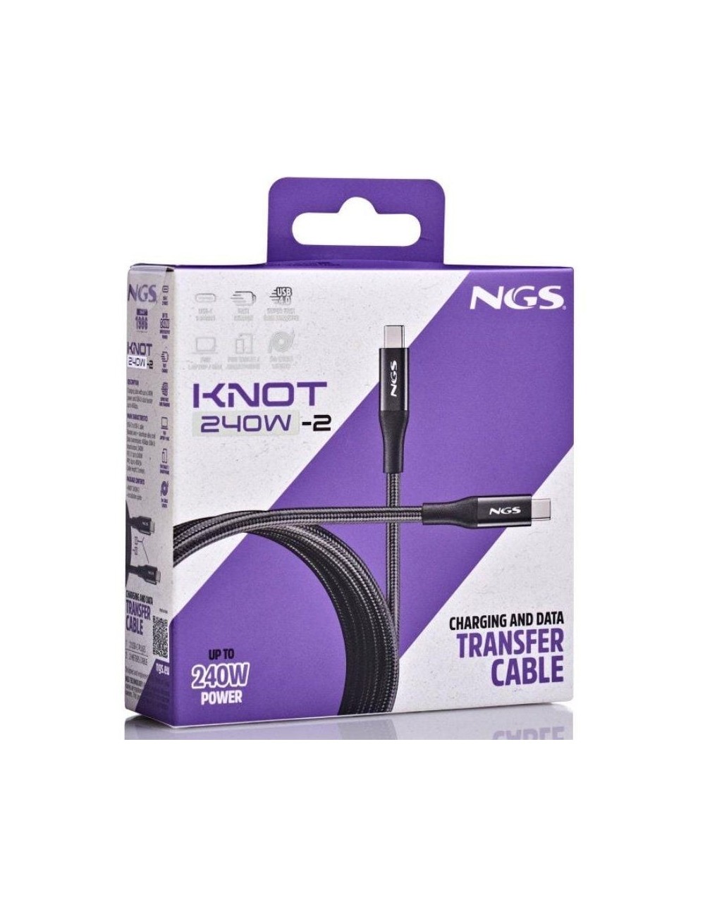 Cable USB 4.0 Tipo-C NGS KNOT/ USB Tipo-C Macho - USB Tipo-C Macho/ Hasta 240W/ 40Gbps/ 2m/ Negro