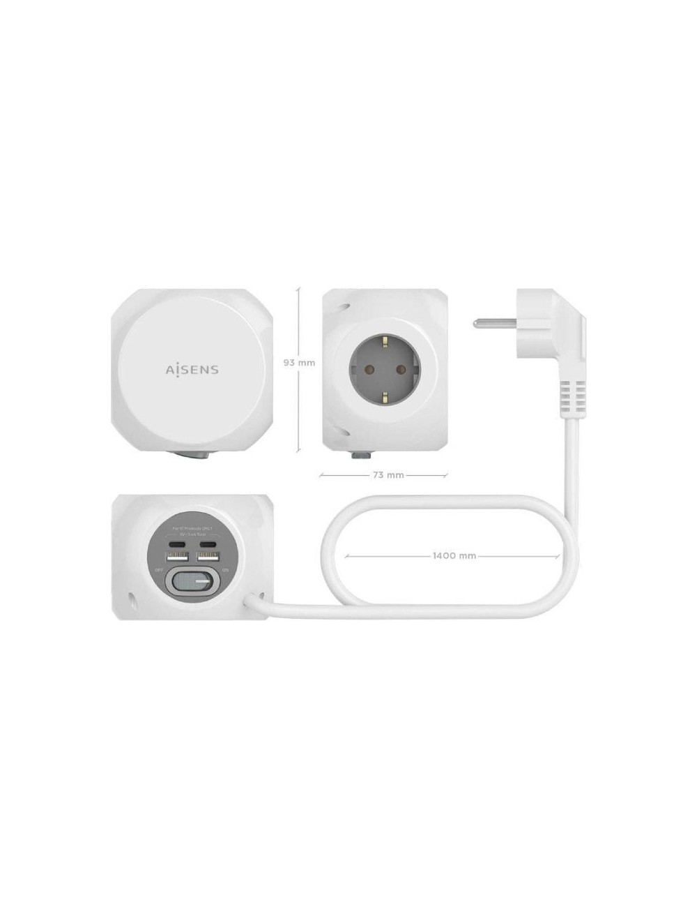 Regleta con Interruptor Aisens ASPS-2A2C04-W/ 3 Tomas de Corriente/ 2 USB Tipo-C/ 2 USB/ Cable 1.4m/ Blanco