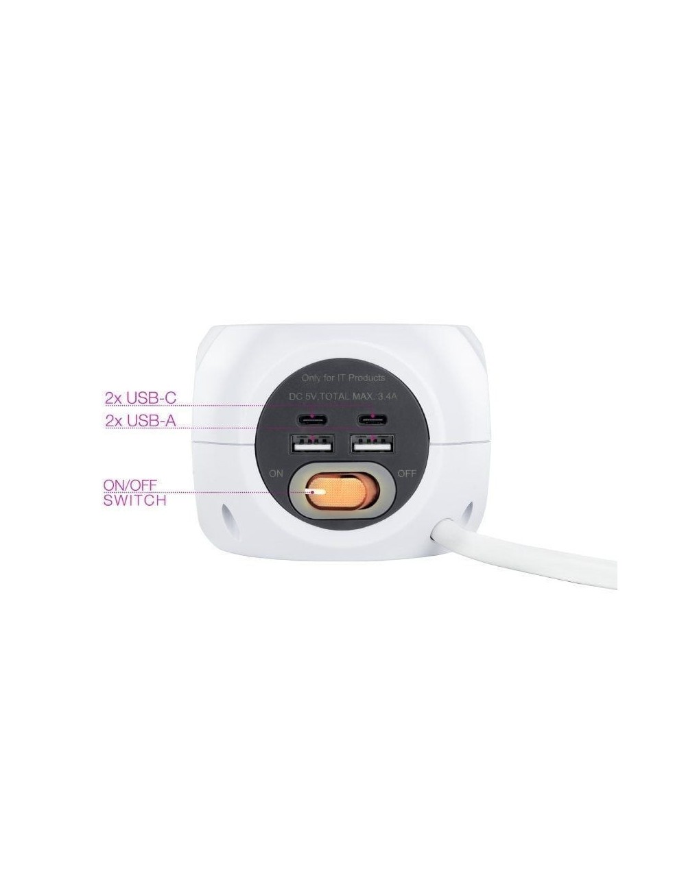 Regleta Nanocable 10.37.0001/ 3 Tomas de corriente/ 2 USB - 2 USB Tipo-C/ Cable 1.4m/ Blanca