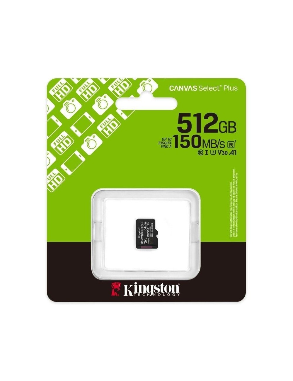 Tarjeta de Memoria Kingston CANVAS Select Plus 512GB microSD XC/ Clase 10/ 150MBs