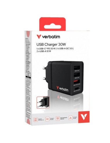 Cargador de Pared GaN Verbatim CHR-30EU/ 1xUSB Tipo-C/ 3xUSB/ 30W