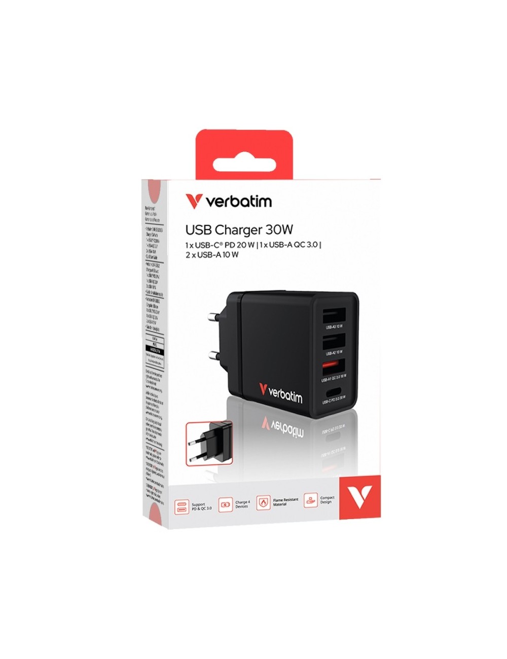 Cargador de Pared GaN Verbatim CHR-30EU/ 1xUSB Tipo-C/ 3xUSB/ 30W