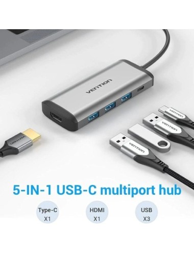 Docking USB Tipo-C Vention CNBHB/ 1xHDMI 4K/ 3xUSB/ 1xUSB Tipo-C PD/ Gris