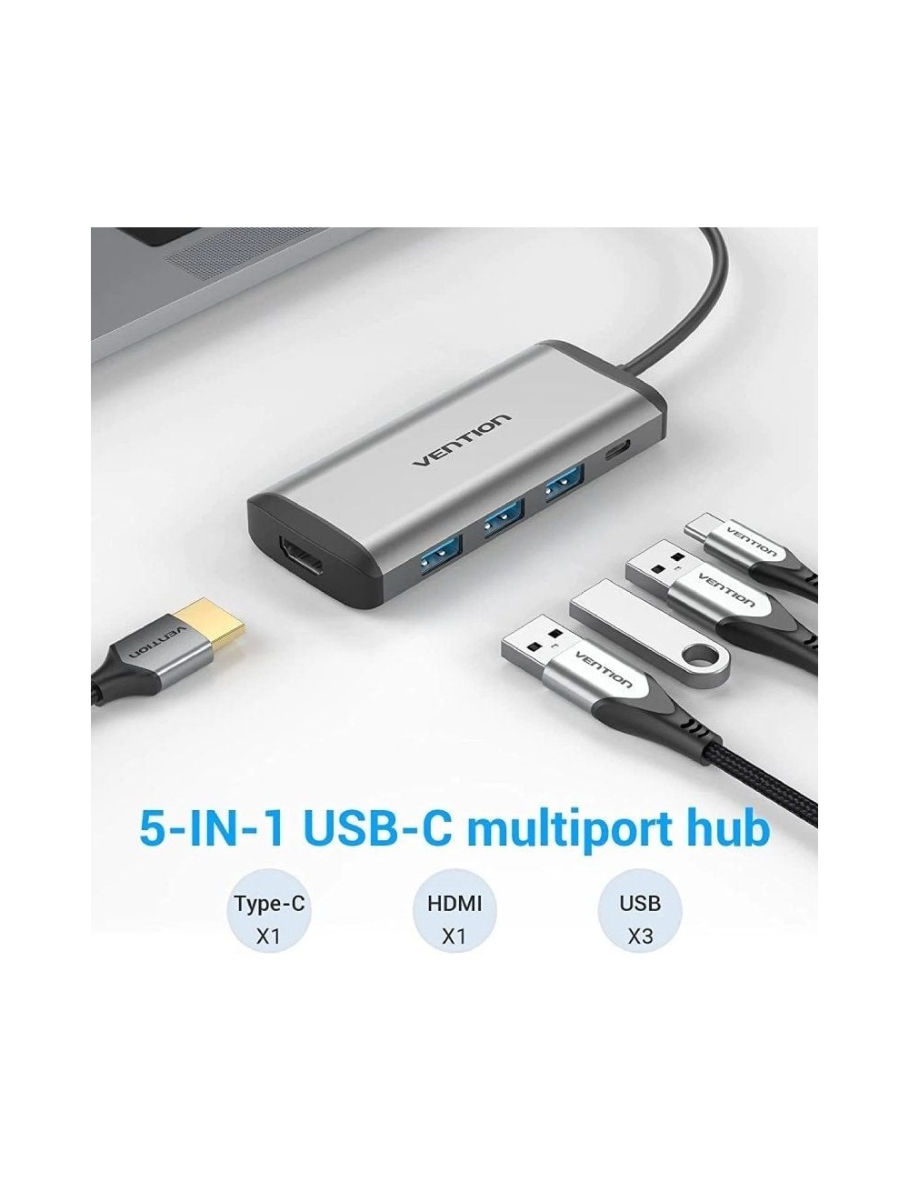 Docking USB Tipo-C Vention CNBHB/ 1xHDMI 4K/ 3xUSB/ 1xUSB Tipo-C PD/ Gris