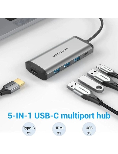 Docking USB Tipo-C Vention CNBHB/ 1xHDMI 4K/ 3xUSB/ 1xUSB Tipo-C PD/ Gris
