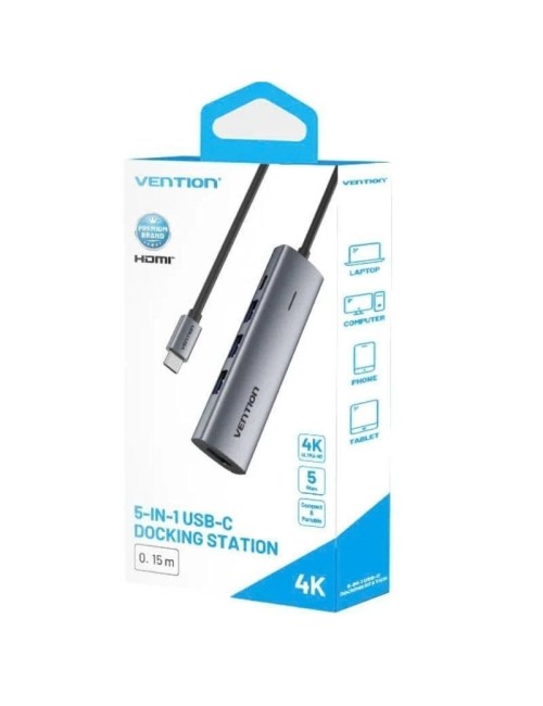 Docking USB Tipo-C Vention TGGHB/ 3xUSB/ 1xHDMI 4K/ 1xUSB Tipo-C PD/ Gris