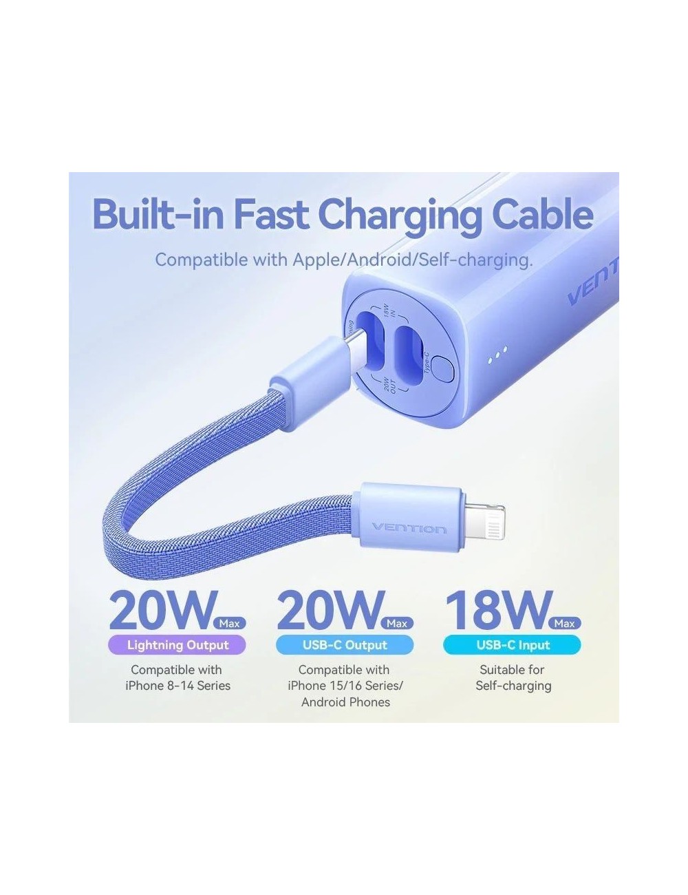 Powerbank 5000mAh Vention FHWM0/ 20W/ Gris/ Incluye Cable USB Tipo-C y Lightning