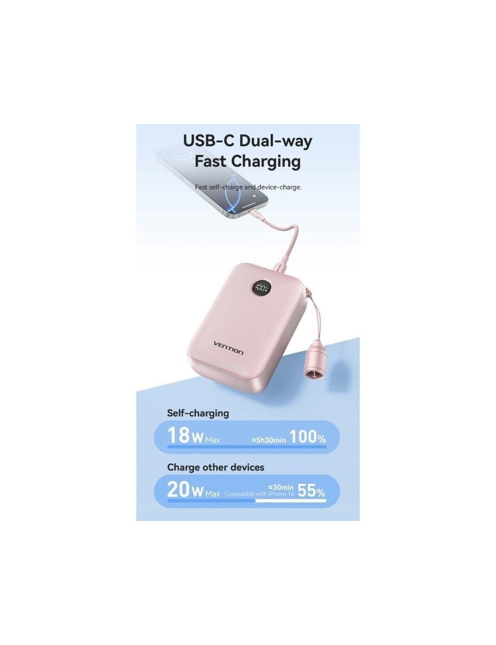Powerbank 20000mAh Vention FKBB0-C/ 22.5W/ Negra/ Incluye Cable USB Tipo-C