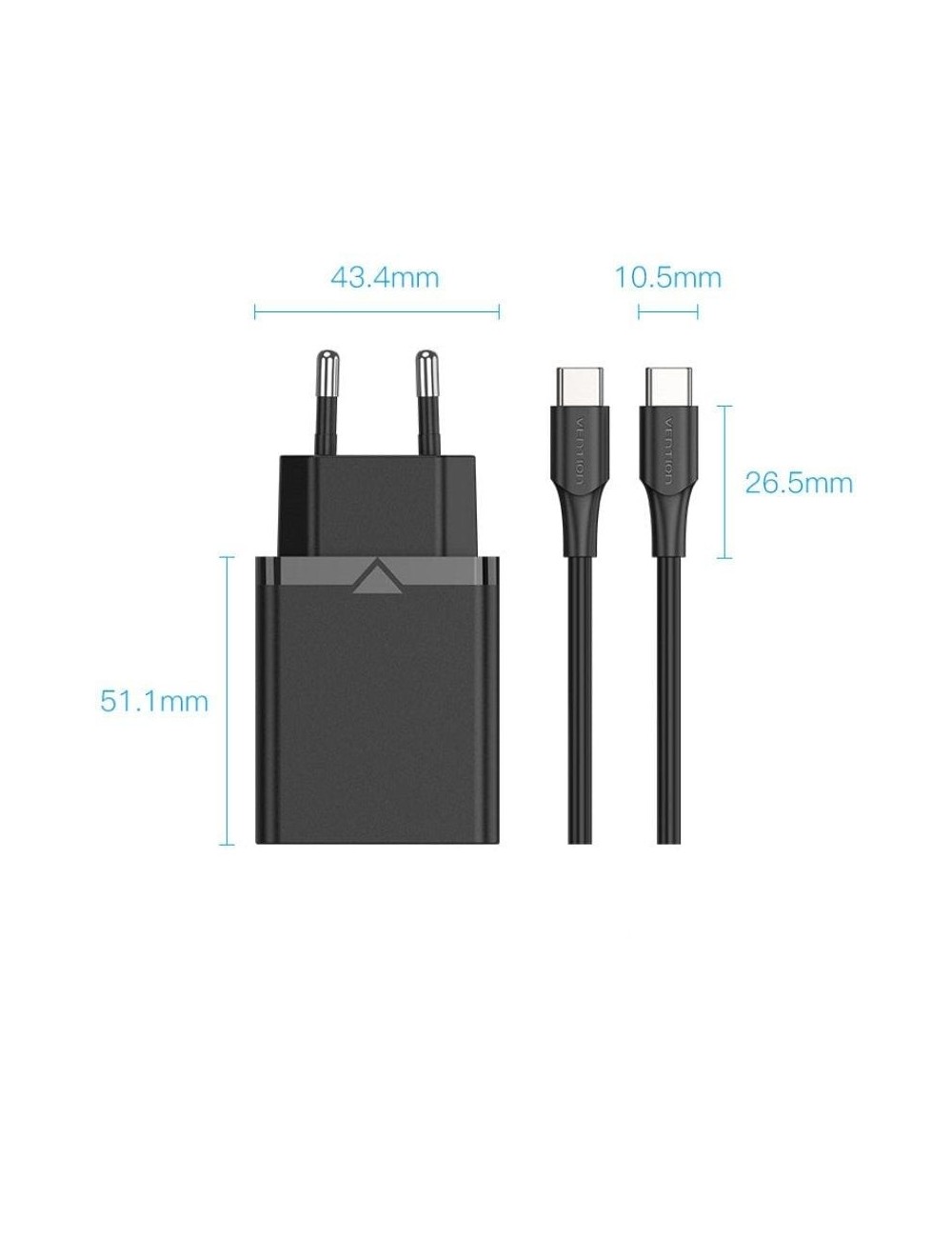 Cargador de Pared Vention FAHBF-EU/ 1xUSB Tipo-C + 2x Cable USB Tipo-C/ 25W
