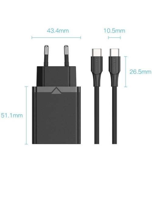 Cargador de Pared Vention FAHBF-EU/ 1xUSB Tipo-C + 2x Cable USB Tipo-C/ 25W