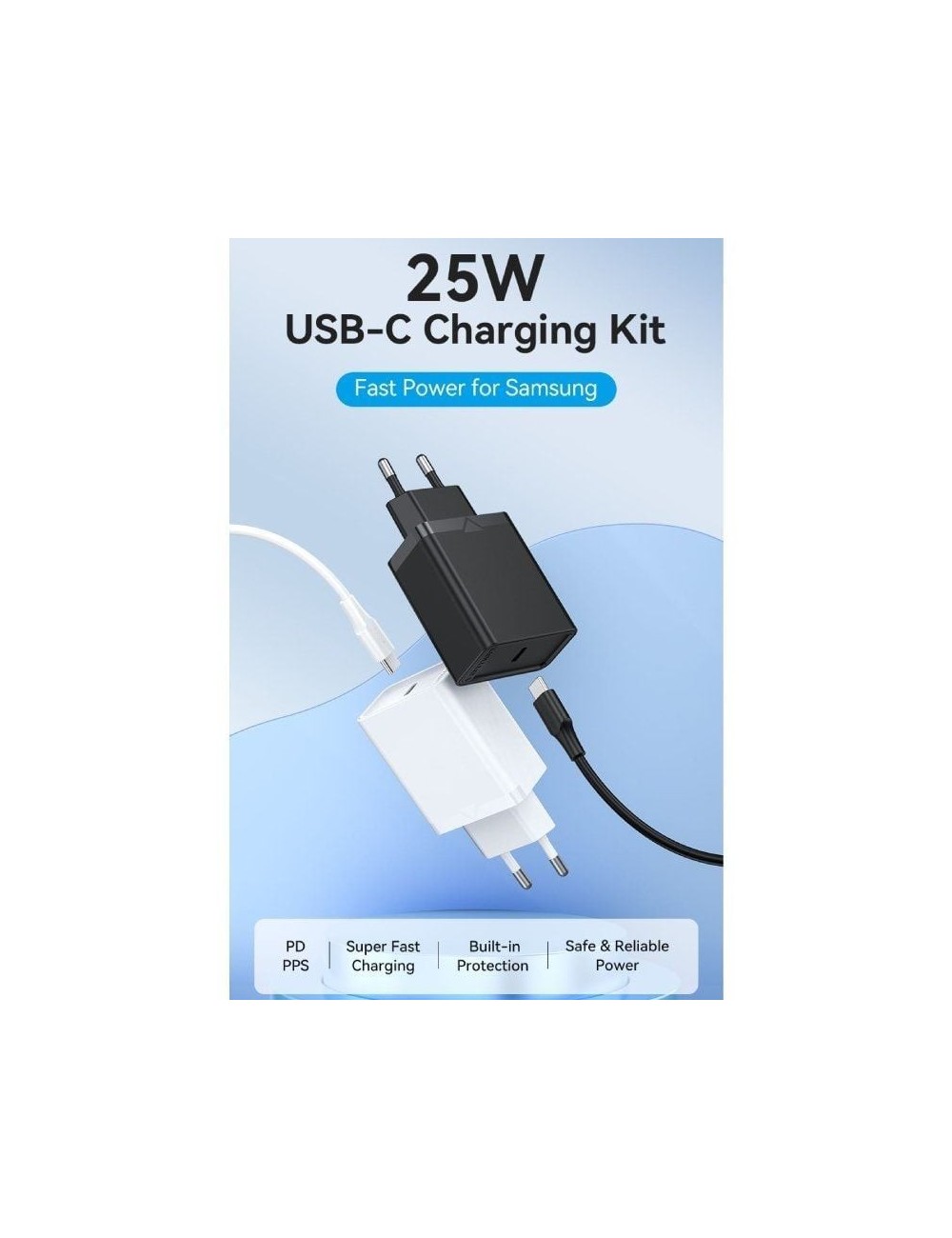 Cargador de Pared Vention FAHWF-EU/ 1xUSB Tipo-C + 2x Cable USB Tipo-C/ 25W