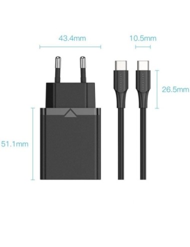 Cargador de Pared Vention FAHWF-EU/ 1xUSB Tipo-C + 2x Cable USB Tipo-C/ 25W