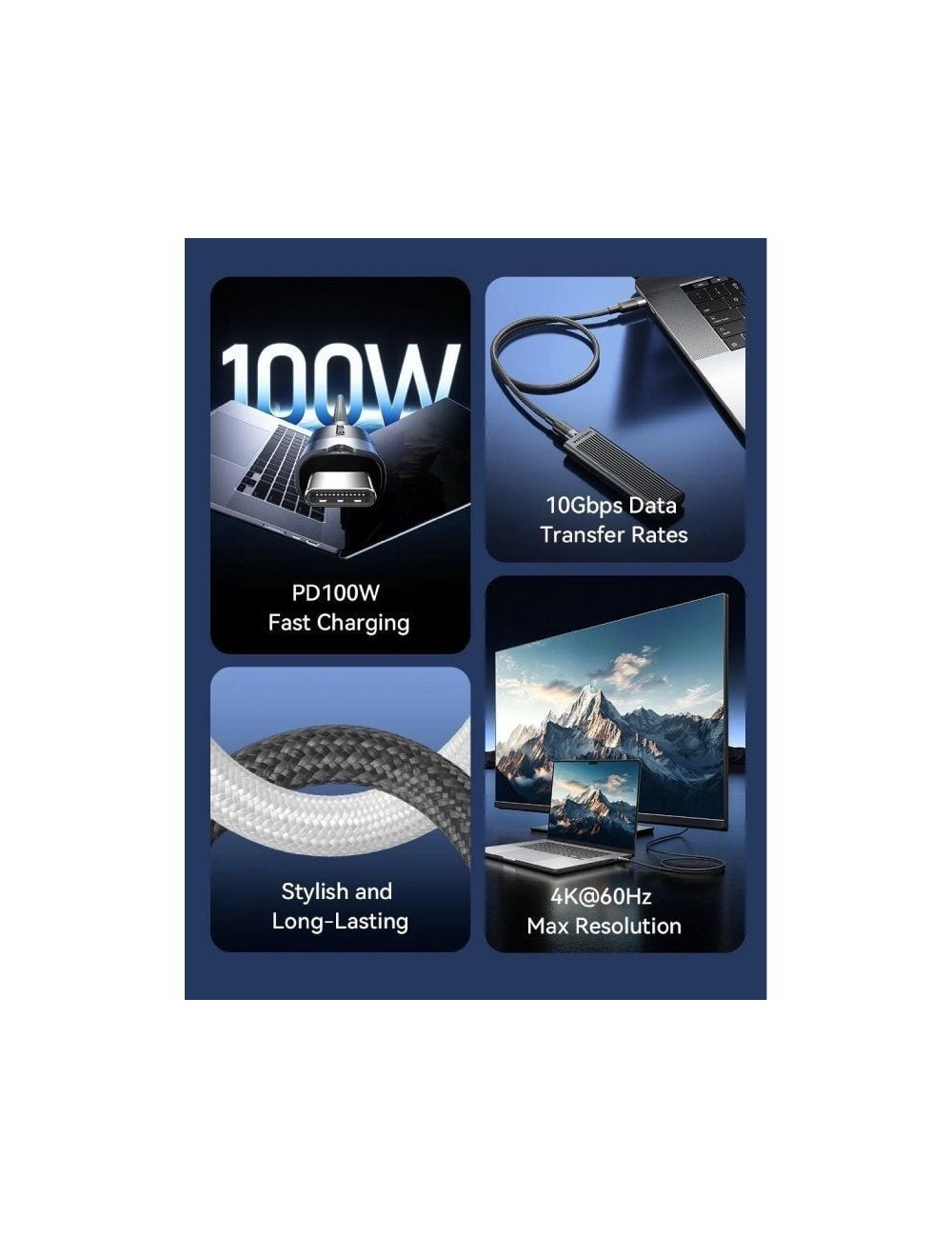 Cable USB 3.2 Tipo-C 5A Vention TRGBH/ USB Tipo-C Macho - USB Tipo-C Macho/ Hasta 100W/ 10Gbps/ 2m/ Negro