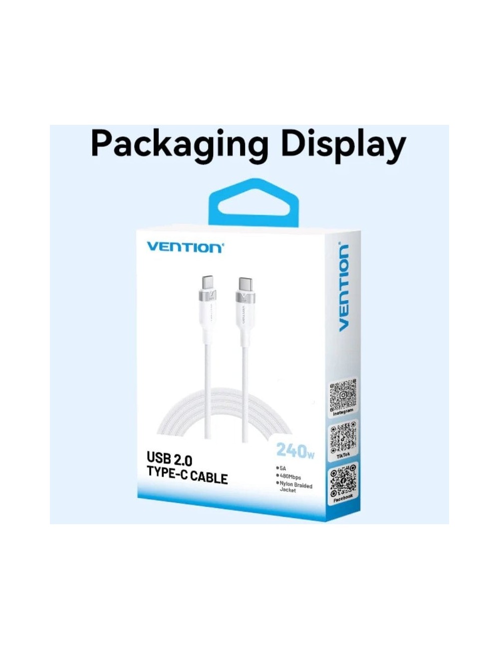 Cable USB 2.0 Tipo-C 5A Vention TRISH/ USB Tipo-C Macho - USB Tipo-C Macho/ Hasta 240W/ 480Mbps/ 2m/ Azul