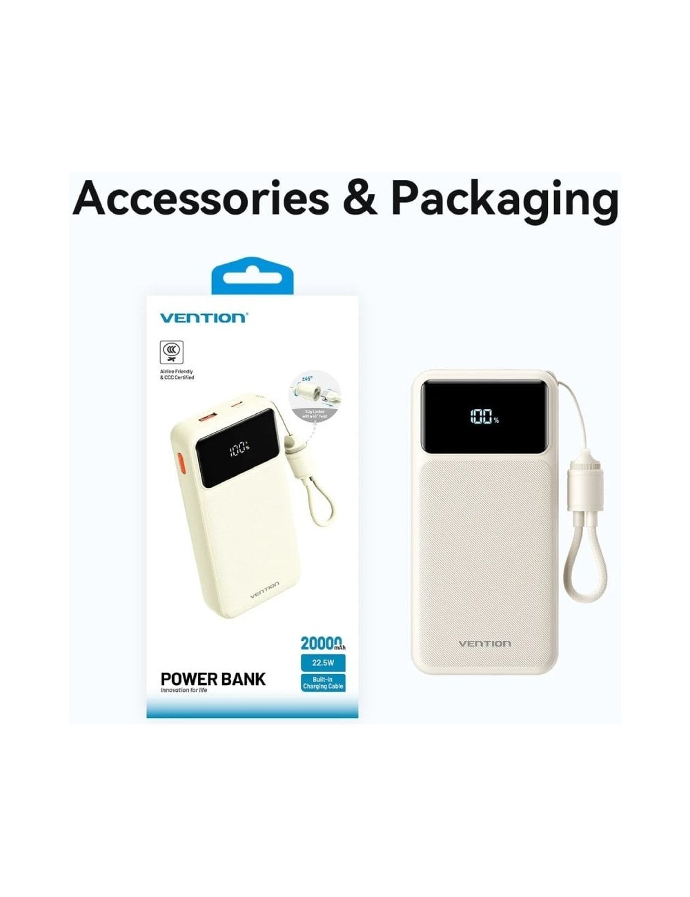 Powerbank 20000mAh Vention XGYB0-40-TY/ 22.5W/ Negra/ Incluye Cable USB Tipo-C