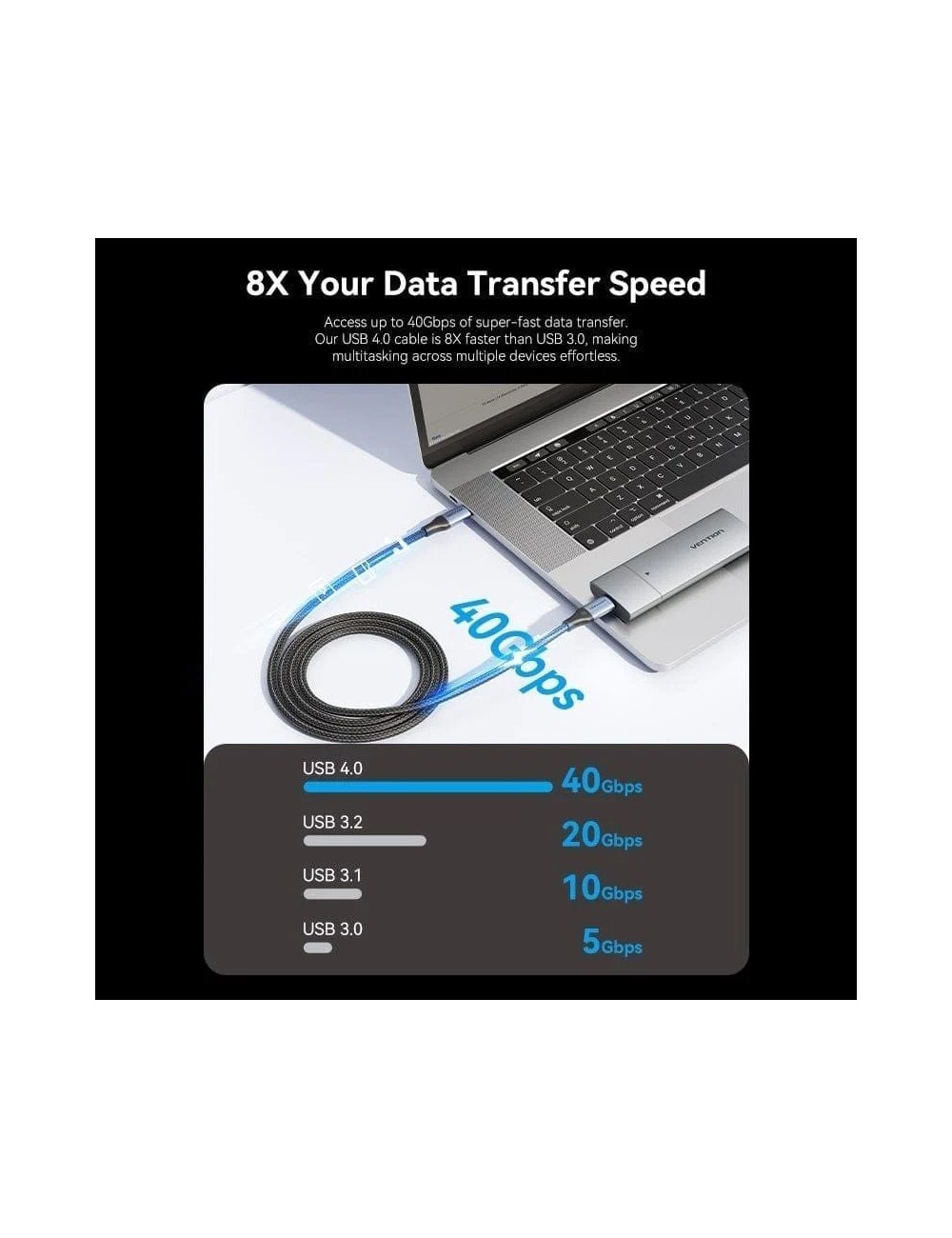 Cable USB 4.0 Tipo-C 5A Vention TAVHF/ USB Tipo-C Macho - USB Tipo-C Macho/ Hasta 240W/ 40Gbps/ 1m/ Gris