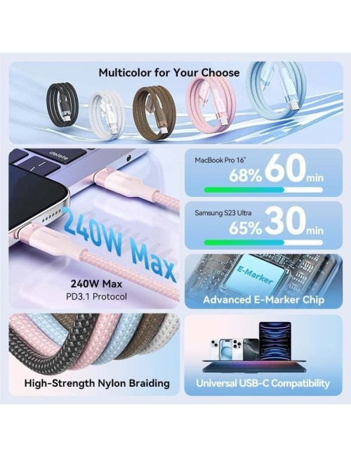 Cable USB Tipo-C 2.0 5A Vention TRIWF/ USB Tipo-C Macho - USB Tipo-C Macho/ Hasta 240W/ 480Mbps/ 1m/ Blanco